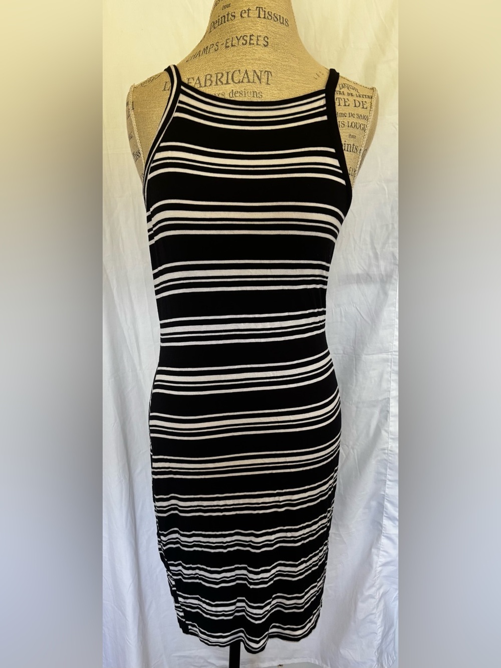 Decree Women’s High Neck Sleeveless Body Con Dress in Black/White Stripe Sz L